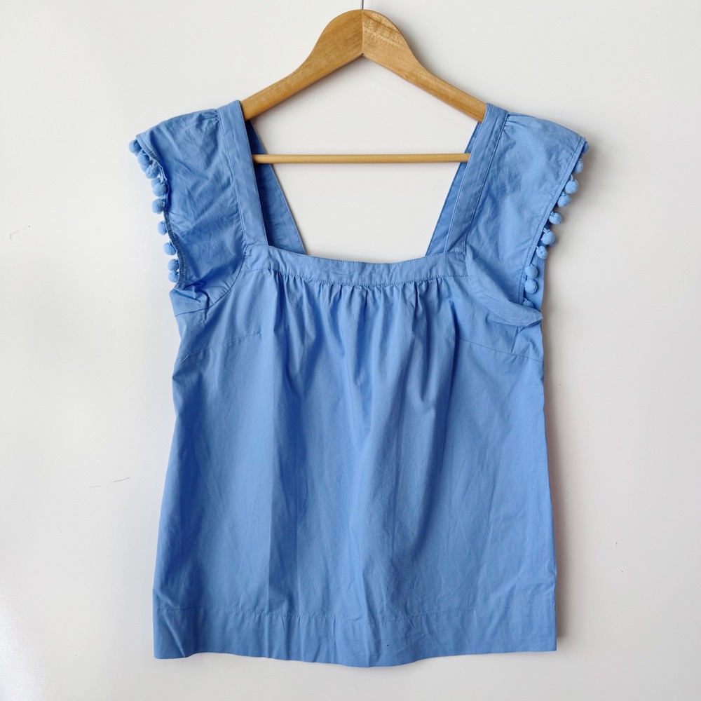 J.Crew‎ Blue Pom Pom Top Square Neck Sleeveless Blouse Size 00